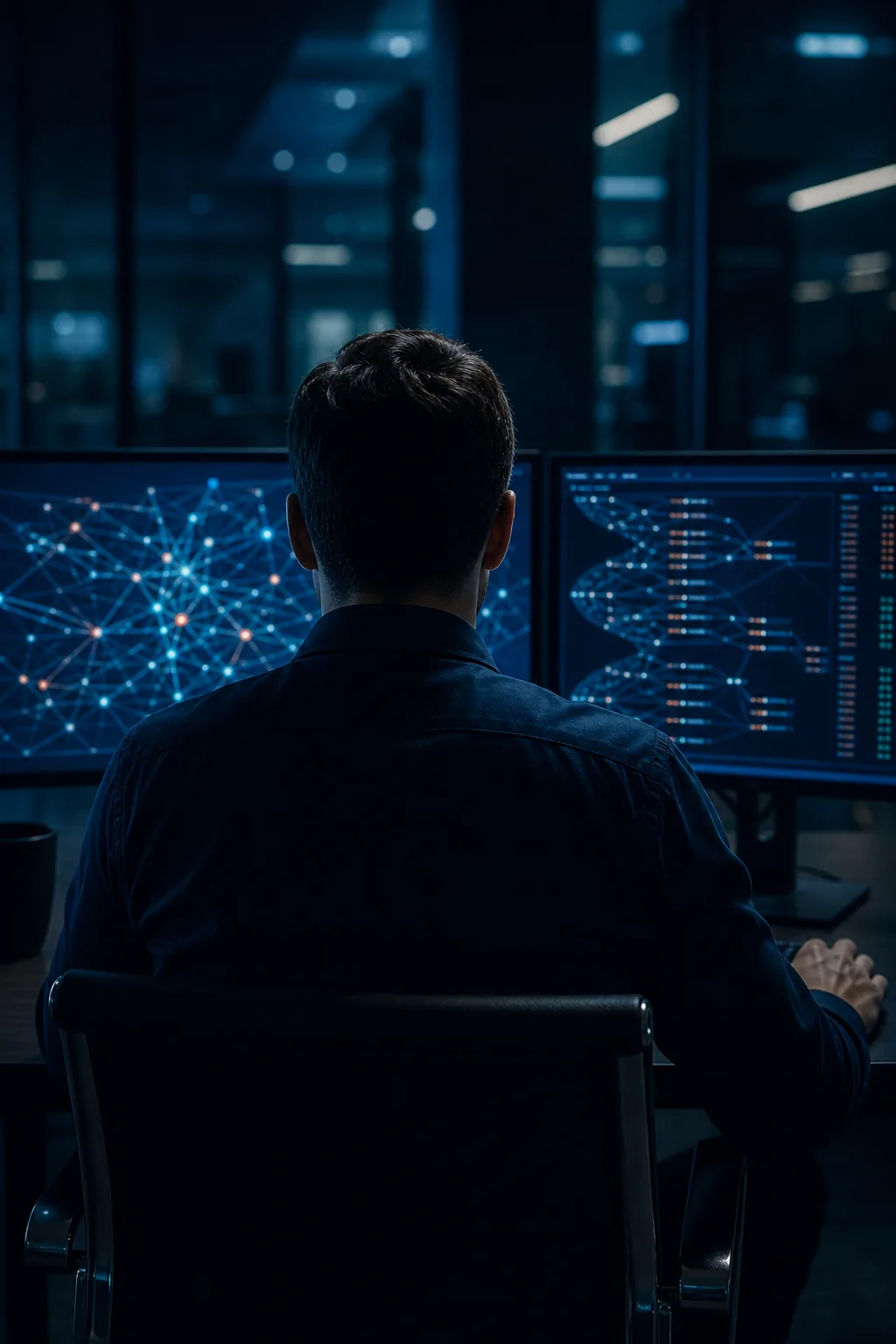 Analista forense revisando visualizaciones de datos en una oficina oscura (imagen generada con IA)